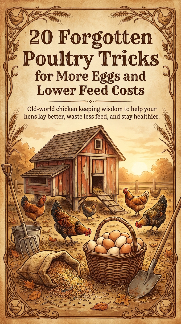 20 Forgotten Poultry Tricks — illustrated cover with hens, coop, basket of eggs and feed sack